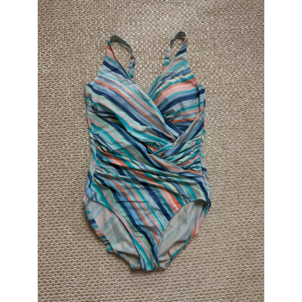 Miraclesuit x Talbots Firm Control Stripe One Piece Swimsuit‎ Blue Coral Size 12